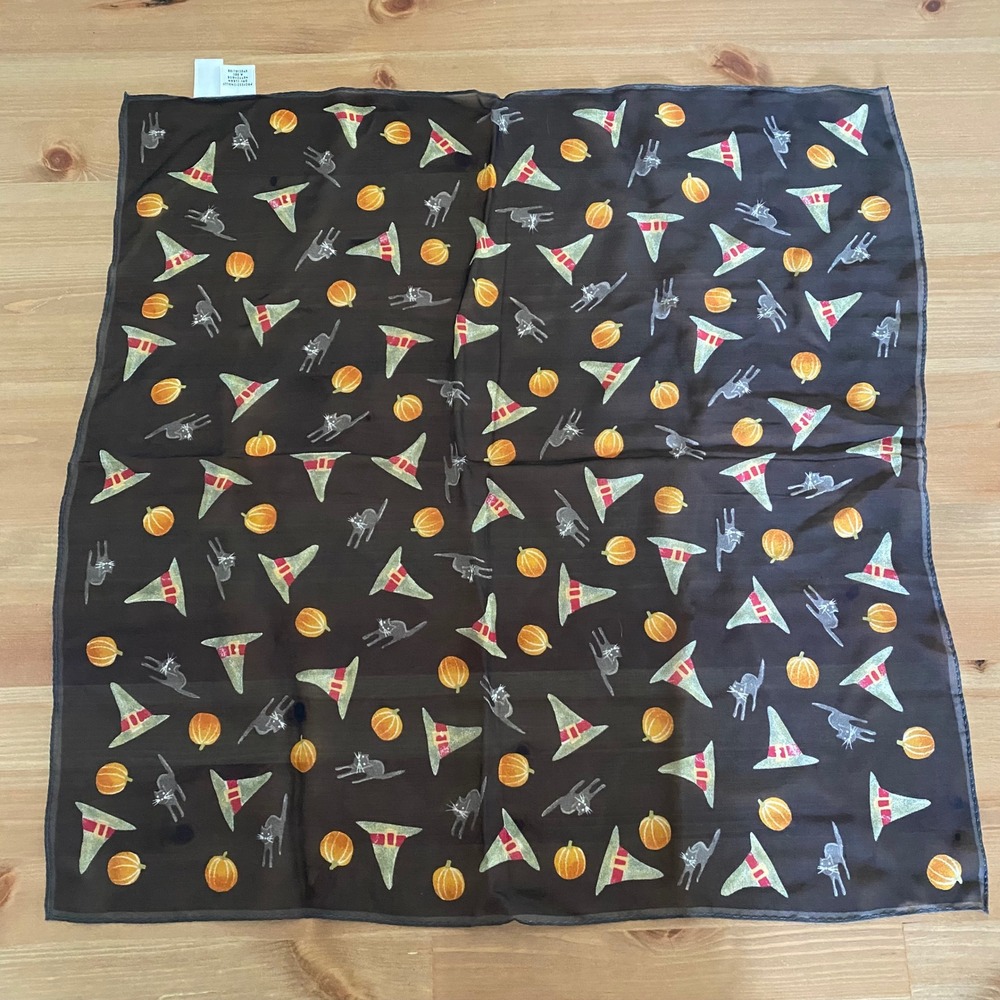 VTG Talbots Halloween Silk Scarf Black Cat Witch Hat Pumpkin Print Square